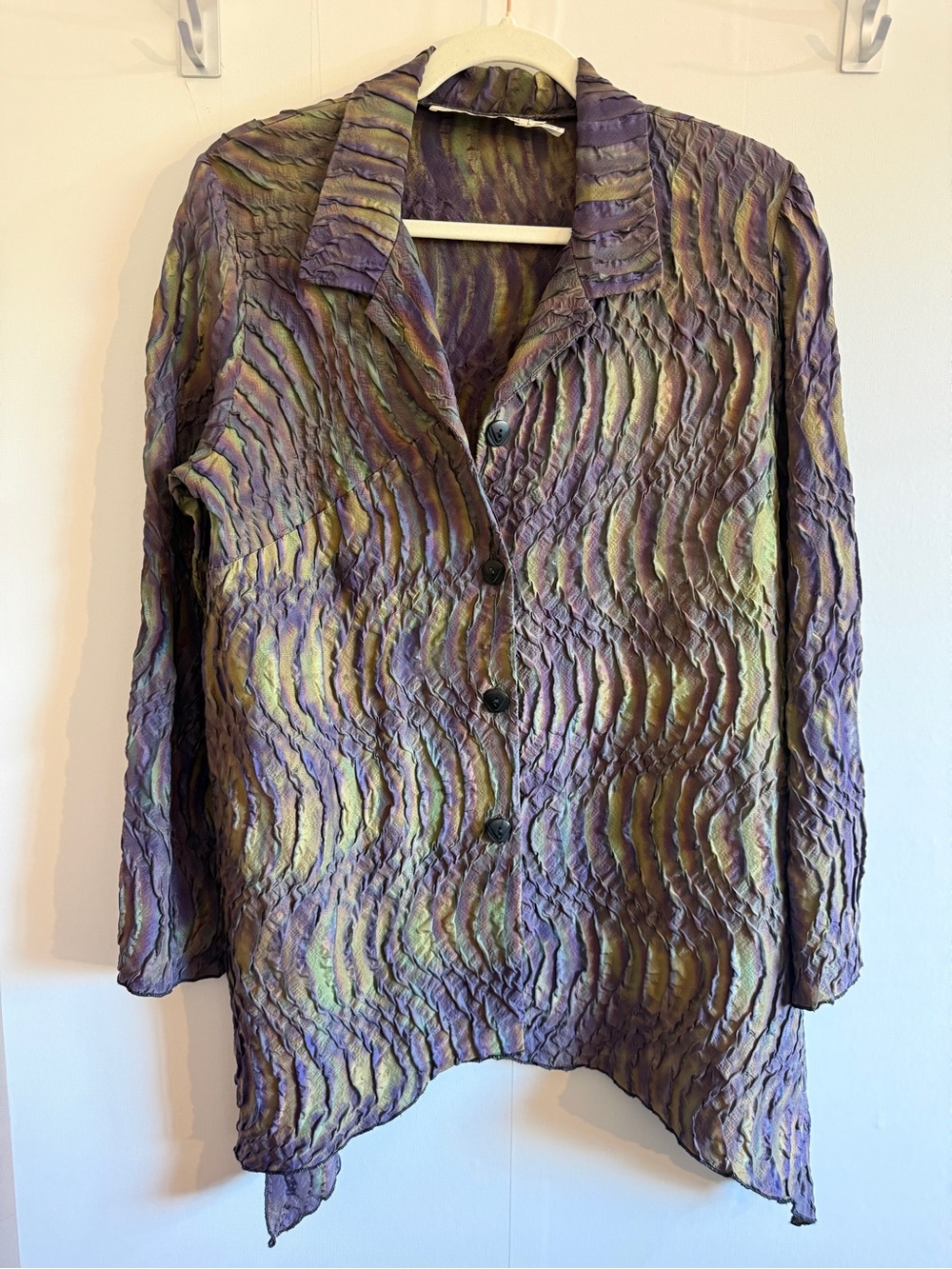Sally Ryan Silk Metallic Crinkle Shirt Jacket Purple Green Iridescent Size S-L
